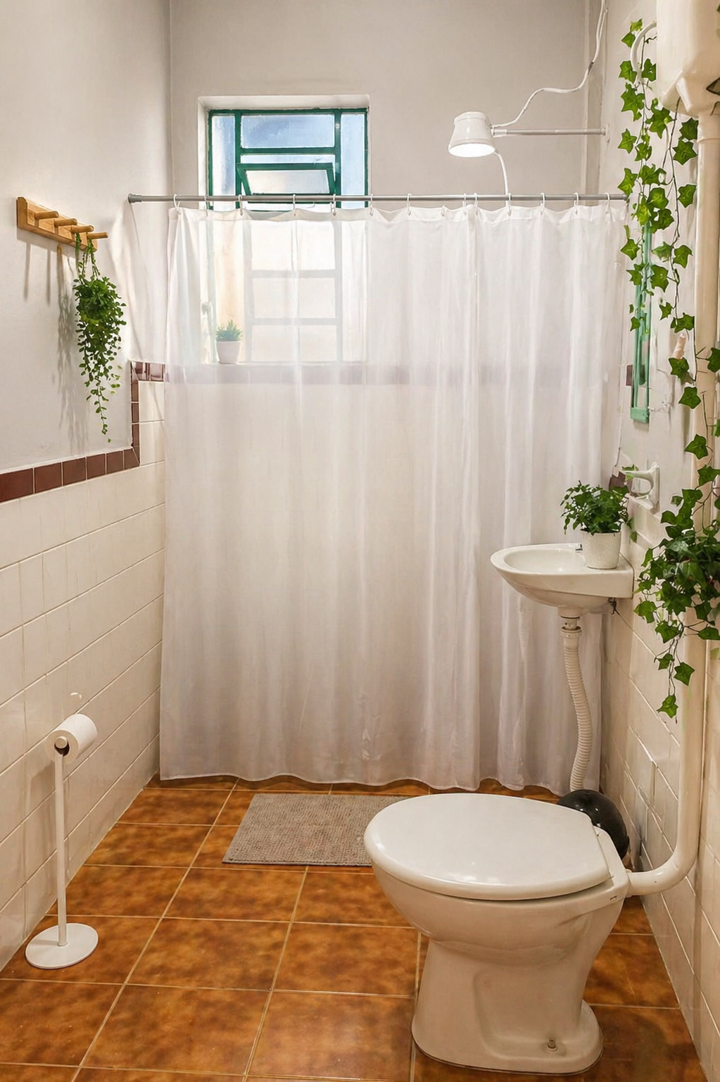 Banheiro aconchegante da Pousada Érin com plantas e iluminação natural